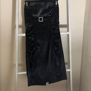 Ruby Rox Black Satin Pencil Skirt with Rhinestone Buckle
